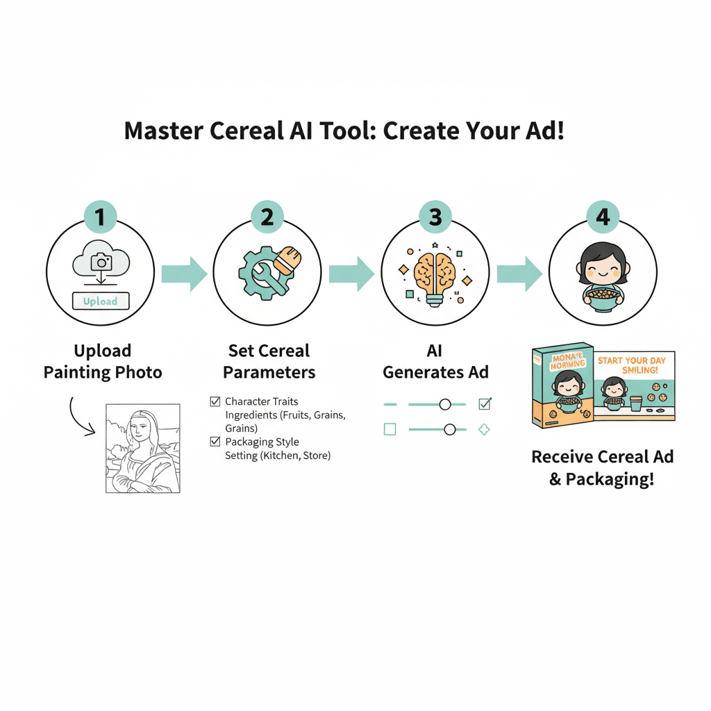 Workflow diagram illustrating usage steps for an AI tool to create a cereal ad featuring a famous painting character.