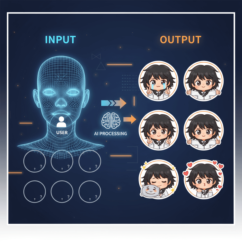 Q版表情包制作工具,AI生成六个独特姿势的chibi贴纸,以用户形象为主角,展现可爱情感。