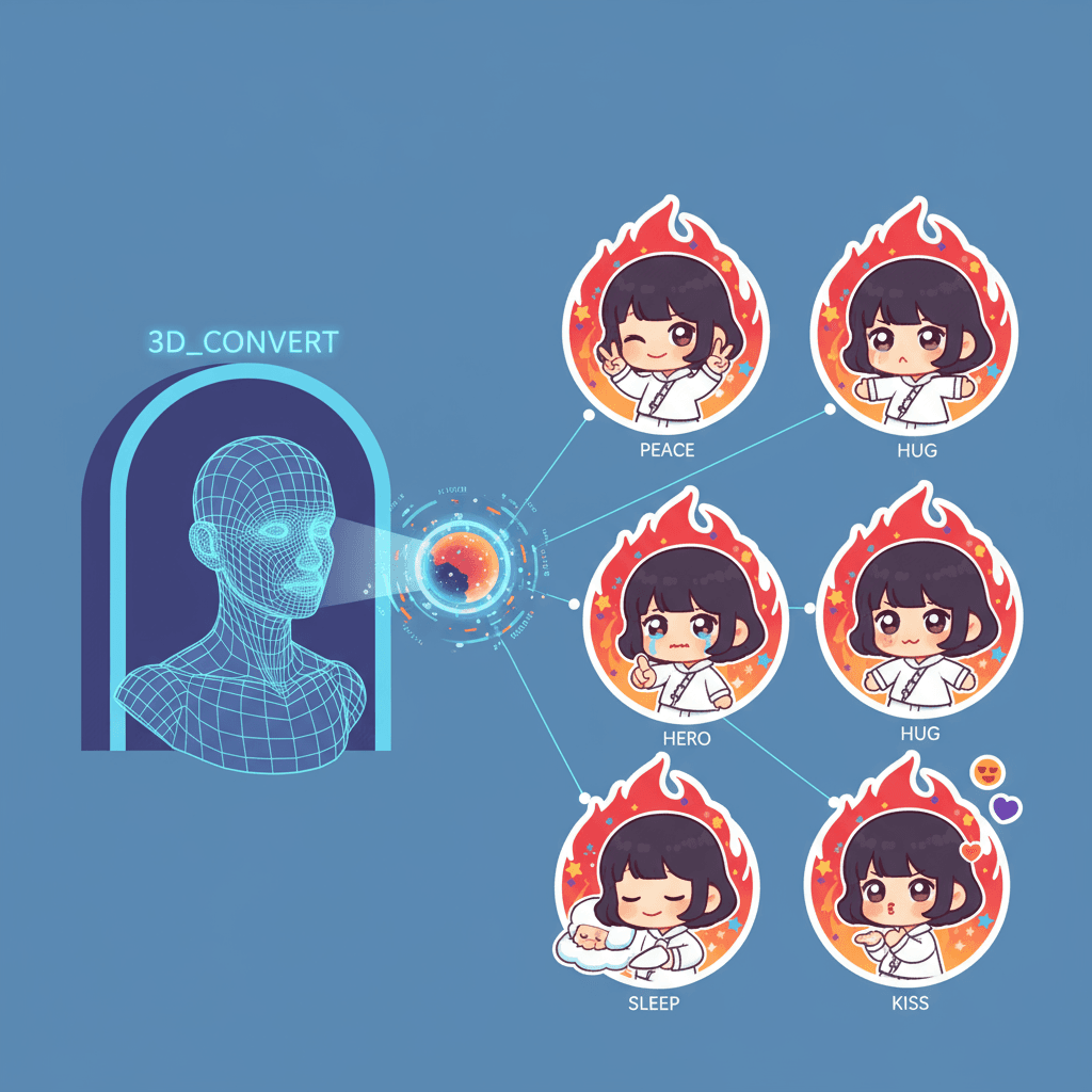 Q版表情包制作工具,利用AI创作六种独特姿势的chibi贴纸,展现用户个性与情感。