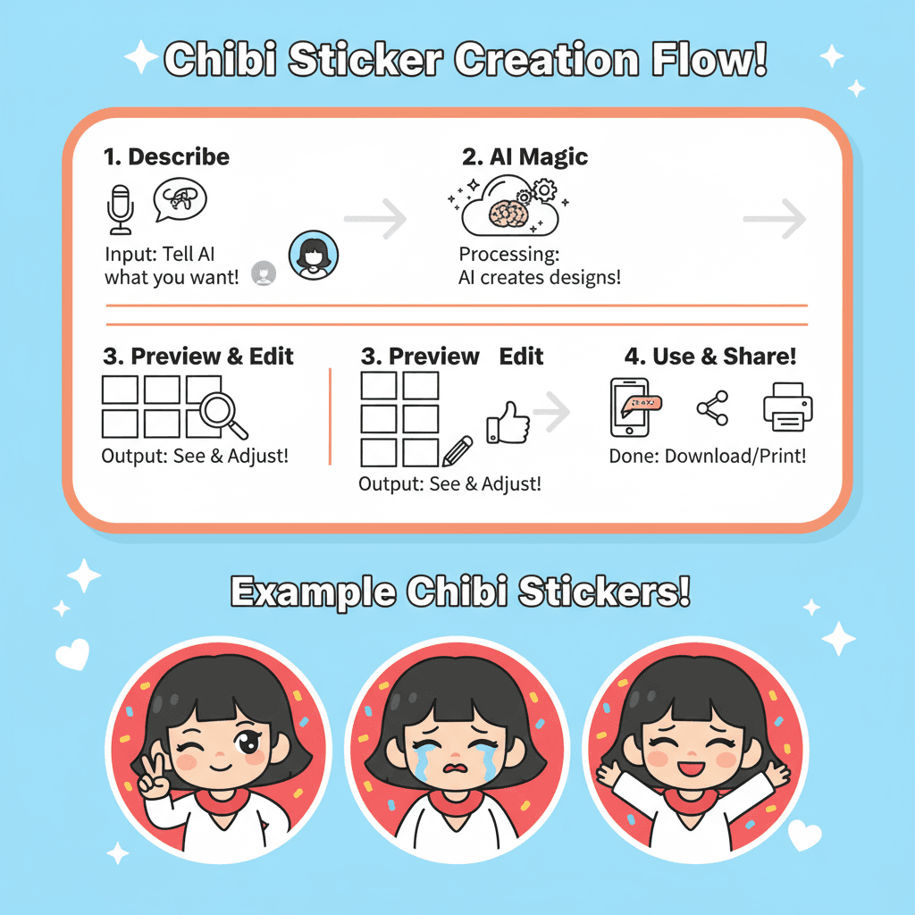 使用步骤:通过AI工具轻松创作六个独特的Q版表情包,专为用户形象定制,简单易用。