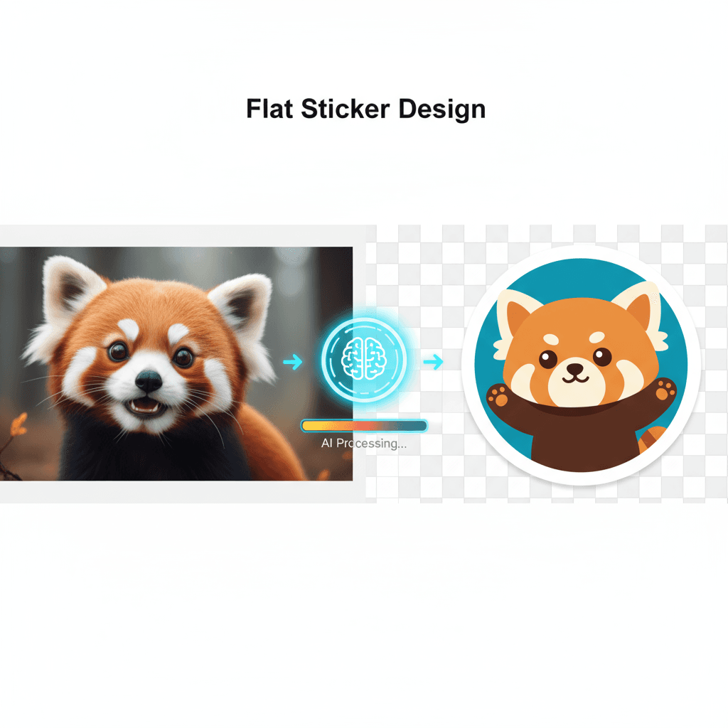 Desain Stiker Datar mengubah foto menjadi stiker chibi imut dengan garis tebal, mempertahankan ciri wajah, menggunakan generasi AI.