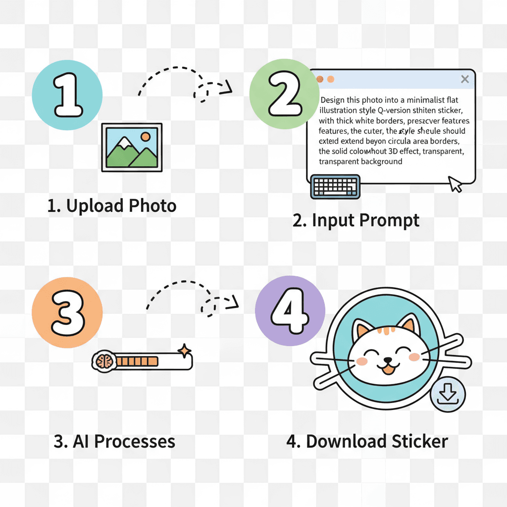 Langkah penggunaan untuk alat AI untuk membuat stiker chibi datar yang imut dari foto dengan desain minimalis.