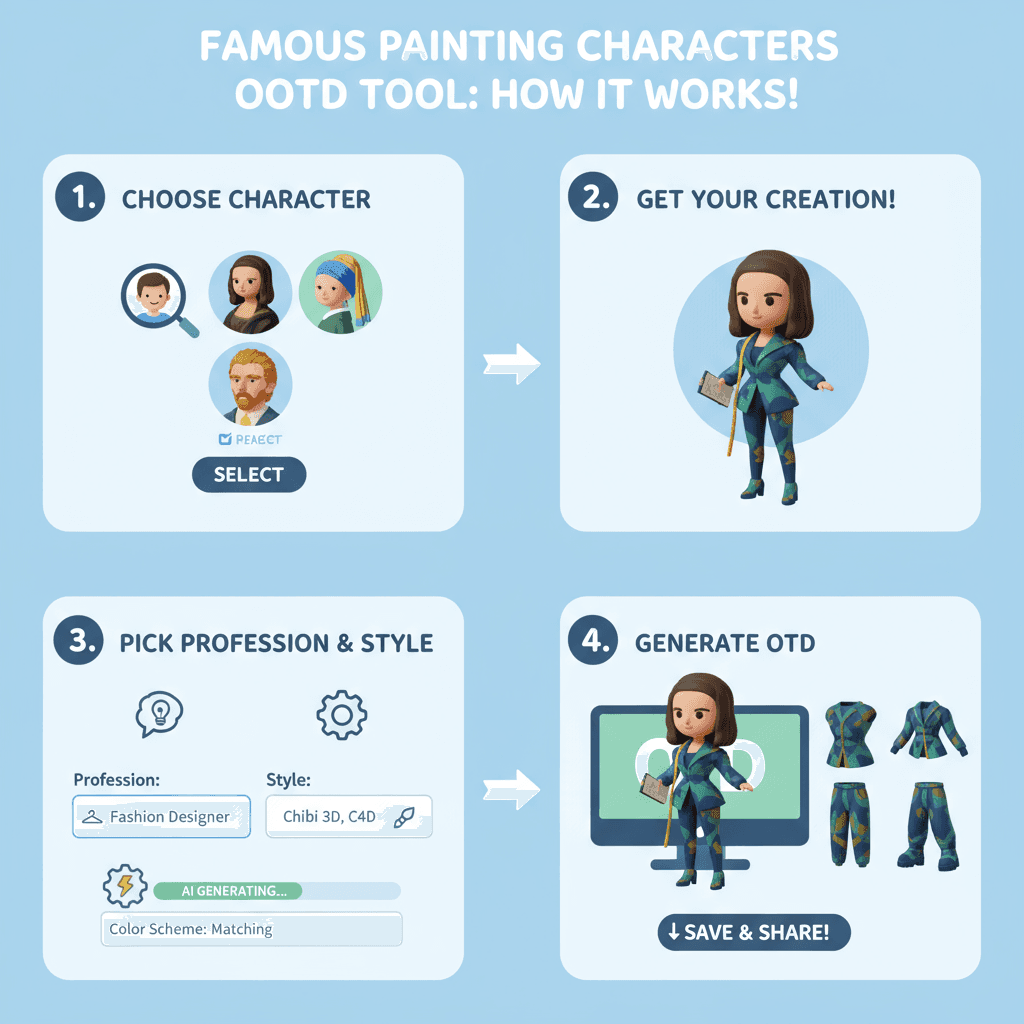 "Alur kerja penggunaan untuk alat AI untuk membuat OOTD desainer fashion. Langkah-langkah membimbing pengguna melalui pembuatan pakaian yang bergay…