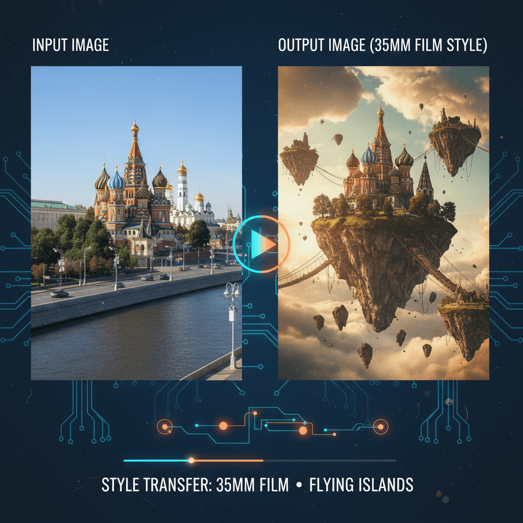 35mm 필름 스타일 떠 있는 섬: 하늘에 떠 있는 초현실적인 섬으로서의 모스크바의 AI 생성.