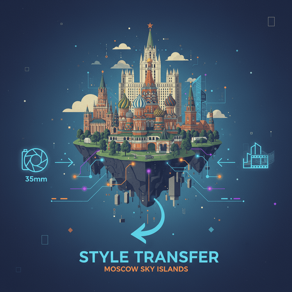 하늘에 떠 있는 섬으로서의 모스크바를 보여주는 35mm 필름 스타일의 일러스트레이션으로, AI의 창의적 스타일 전송 기능을 강조합니다.