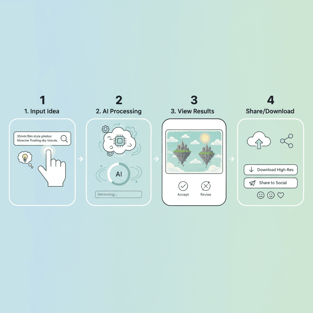 AI 도구 사용 단계: 하늘에 떠 있는 섬으로서의 모스크바의 35mm 필름 스타일 이미지를 생성하여 사용의 용이성을 강조합니다.