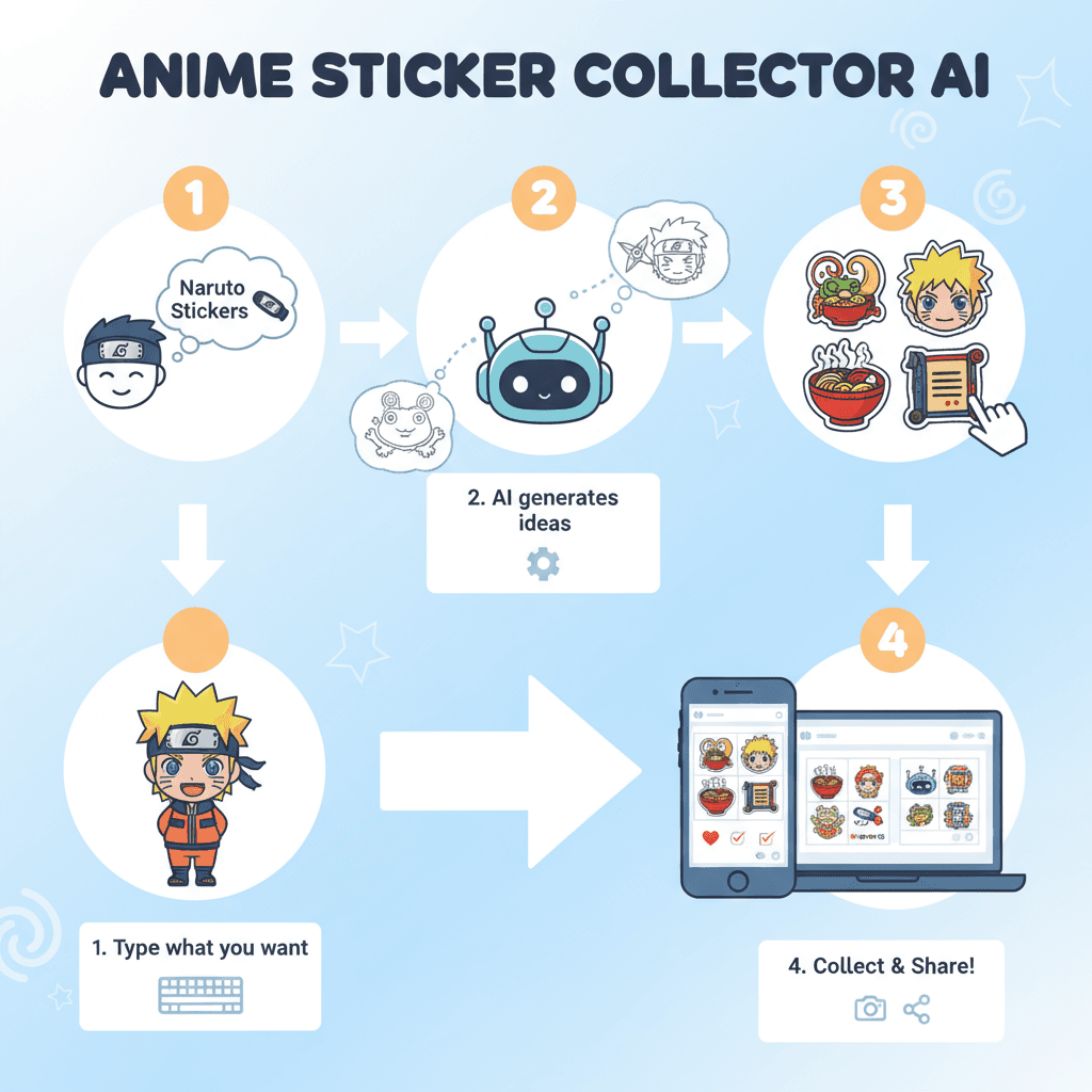 "Diagrama de flujo que muestra los pasos de uso de una herramienta de IA para crear stickers de Naruto, destacando la facilidad de uso y la orienta…