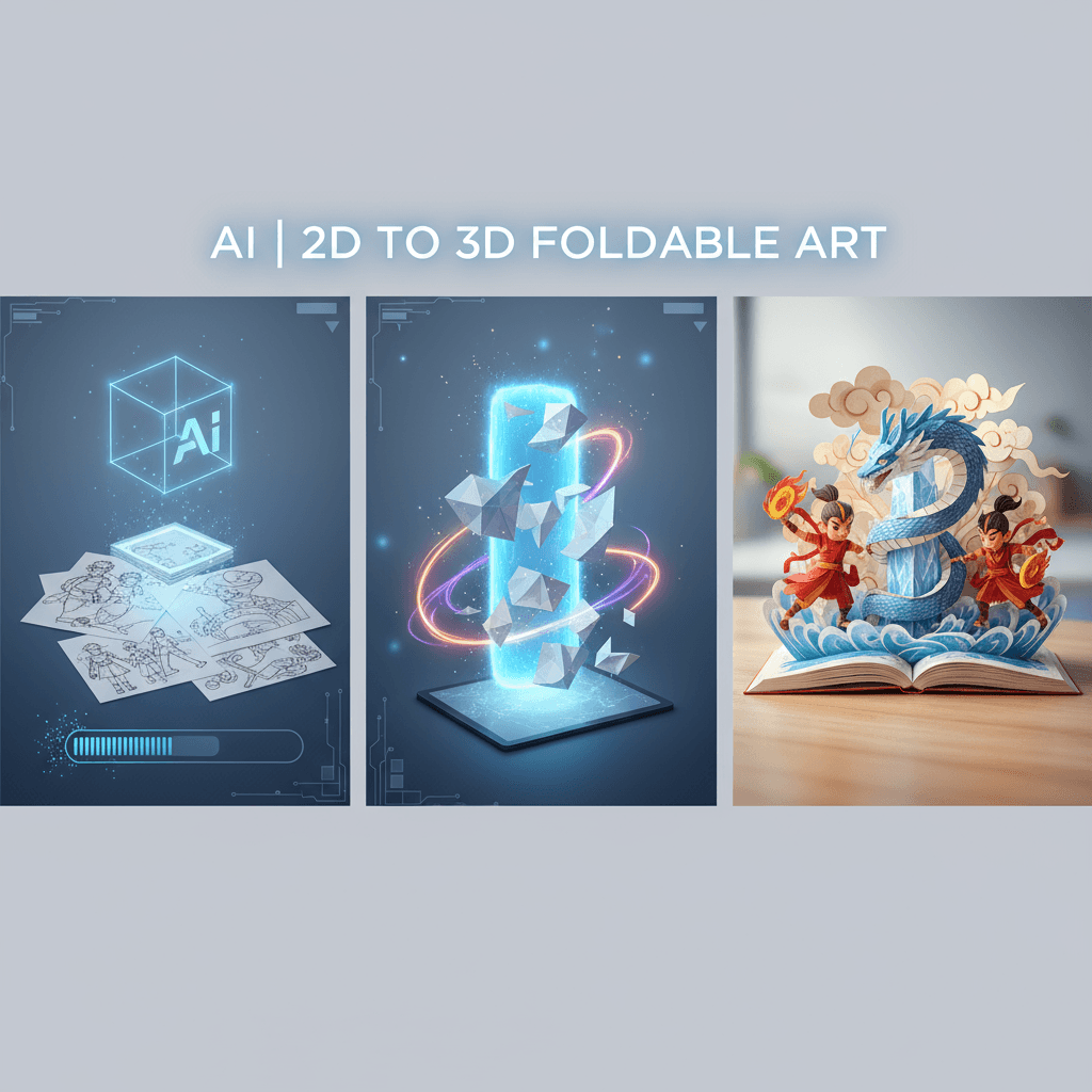 Libro pop-up de papel cortado plegable: escena en 3D de Nezha vs. Ao Bing, colores vibrantes, generación de IA, narración caprichosa, exhibición en…