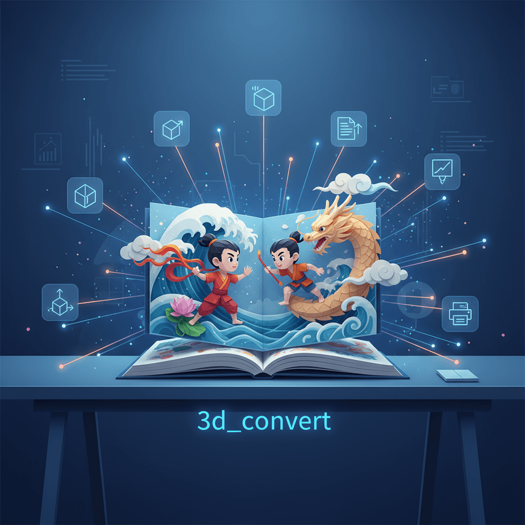 Libro pop-up artístico en 3D de Nezha vs. Ao Bing en un escritorio, mostrando colores vibrantes y texturas de papel realistas. IA, 3d_convert.