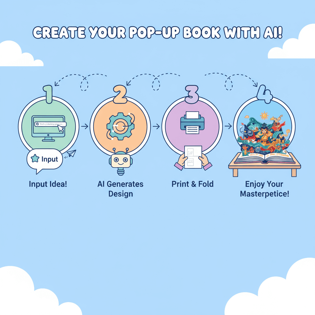 Pasos de uso para un libro pop-up de papel cortado plegable, que muestra una herramienta de IA para una narración fácil e imaginativa.