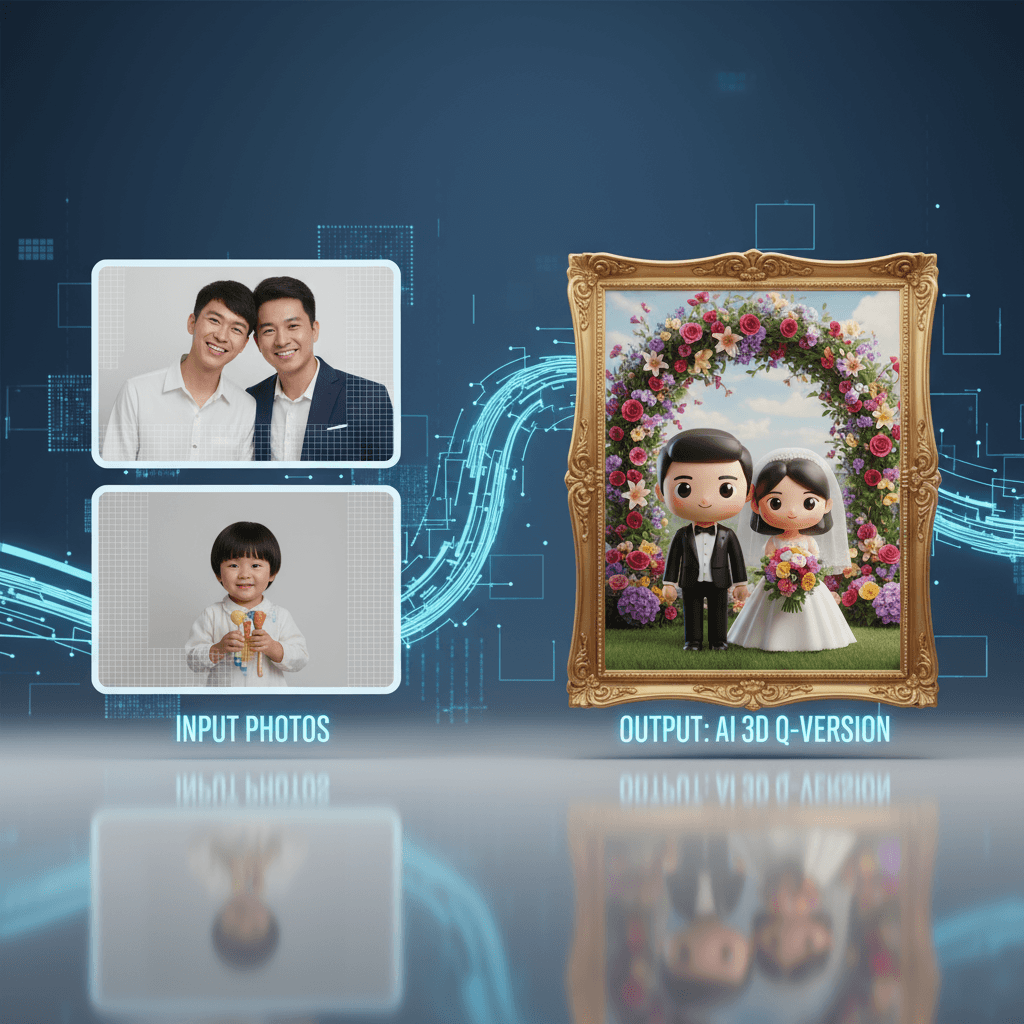 "Portrait de mariage familial : génération AI de parents en tenue de mariage au style chibi 3D et enfant en demoiselle d'honneur, encadré dans une…