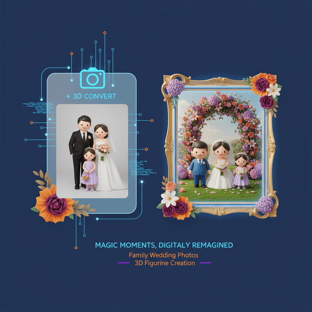 Portrait de mariage familial chibi 3D : parents en smoking et robe de mariée, enfant en demoiselle d'honneur, encadré par une arche florale. Applic…