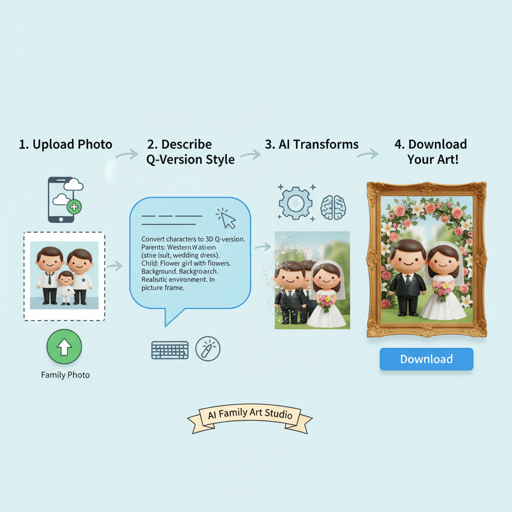 Étapes d'utilisation pour un outil AI : Transformez une photo de mariage en personnages 3D version Q avec un arrière-plan d'arche florale, facile e…