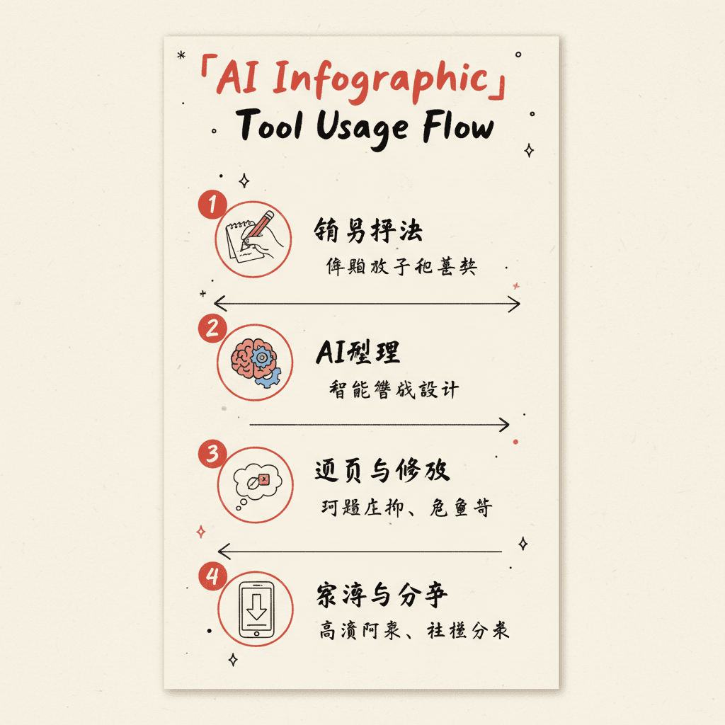 フレンドリーで芸術的なスタイルの手描きインフォグラフィックカードを作成するためのAIツールの使用手順を示すワークフローダイアグラム。