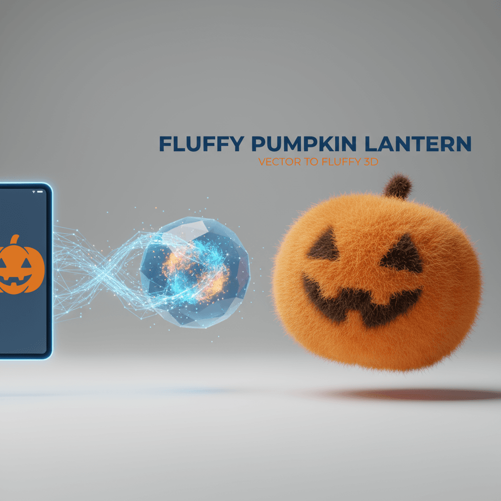 جاك-أو'-لانتيرن الفروي: حوّل أيقونة قرع مسطحة إلى كائن فروي ثلاثي الأبعاد بفرو واقعي، توليد ذكاء اصطناعي، وتصميم عصري.