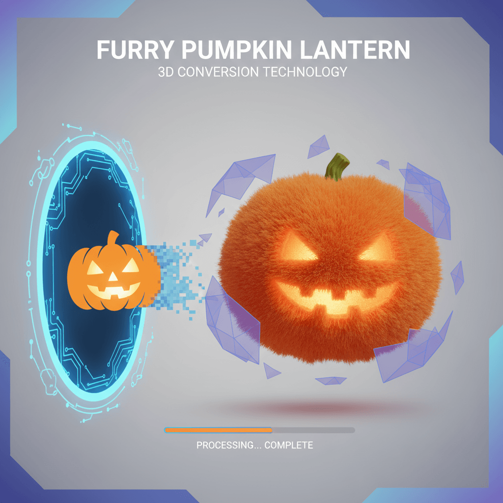 جاك-أو'-لانتيرن الفروي: أيقونة قرع ثلاثية الأبعاد لطيفة وفروية، تطفو في خلفية رمادية فاتحة. عرض بجودة استوديو للذكاء الاصطناعي.