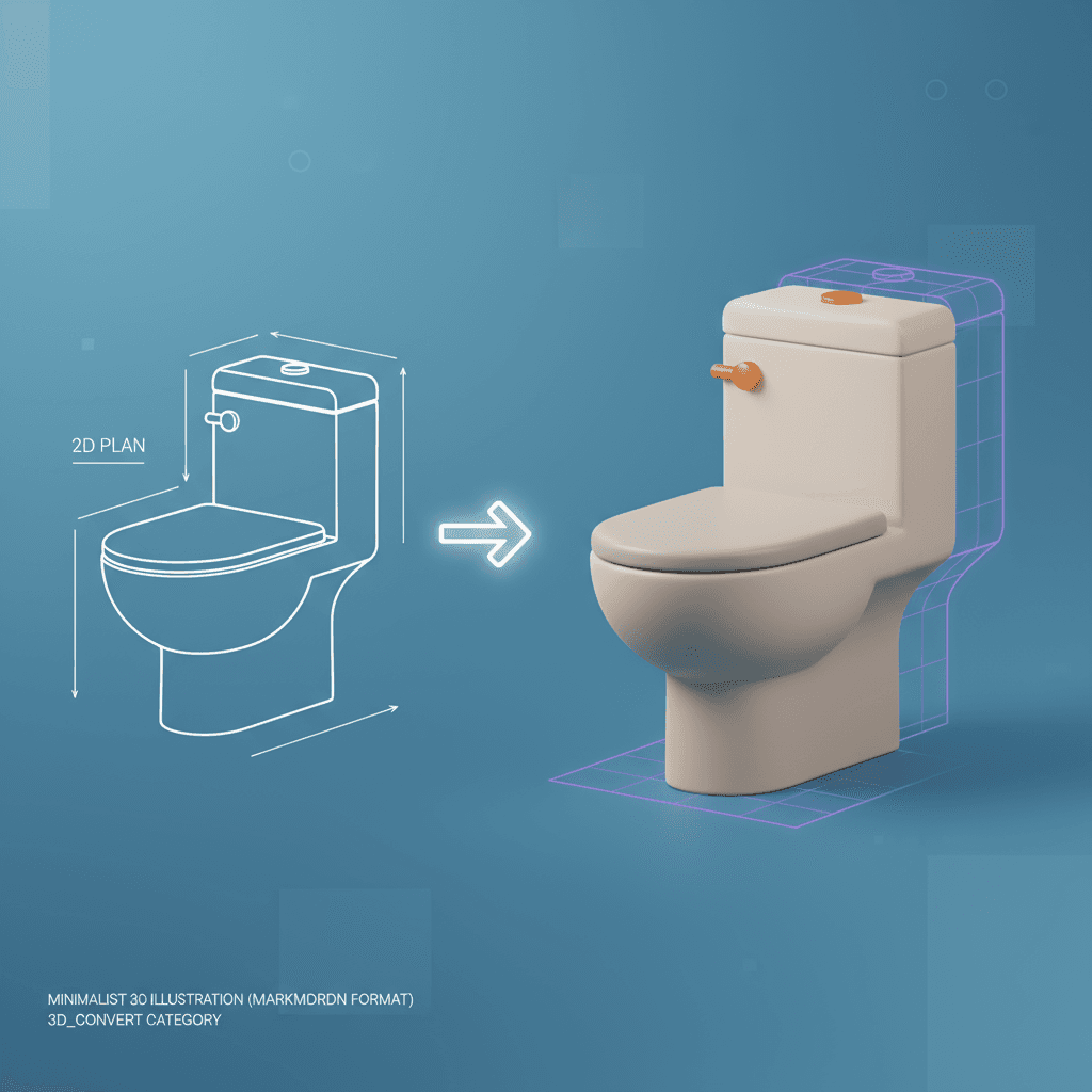 Illustration 3D minimaliste d'une toilette en beige doux et gris, mettant en avant la simplicité et la modernité. Créée à l'aide d'outils de rendu 3D.
