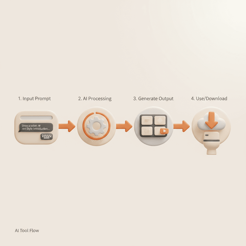 "Étapes d'utilisation pour un outil IA dans la catégorie illustration 3D minimaliste, guidant les utilisateurs à travers le processus de création."