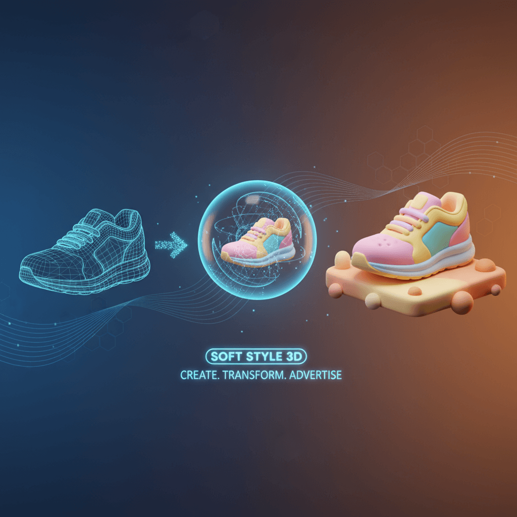 柔和风格3D广告,AI生成的卡通风格产品雕塑,光滑纹理与柔和色彩,简约场景与清晰口号。