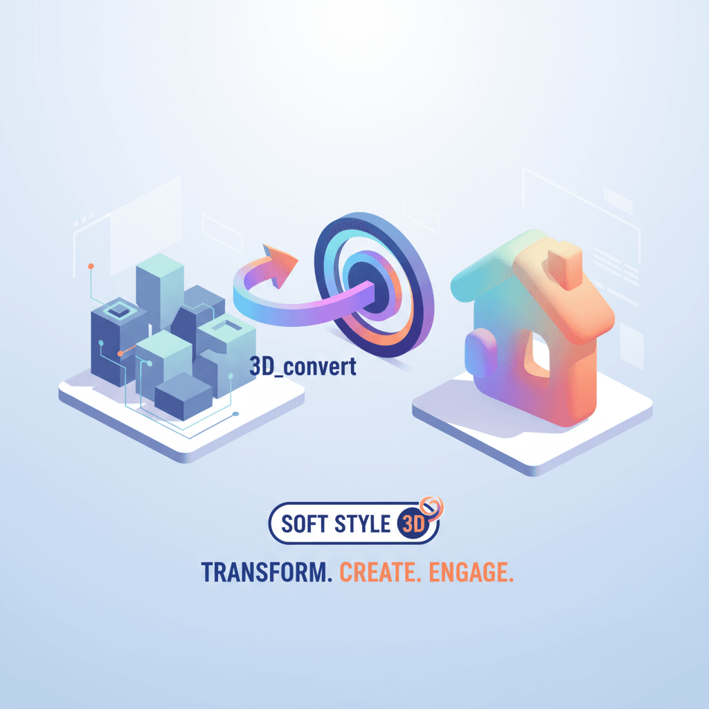パステルカラーのソフトな3Dカートゥーンスタイルの彫刻で、ミニマリスト広告におけるAIの応用を示しています。