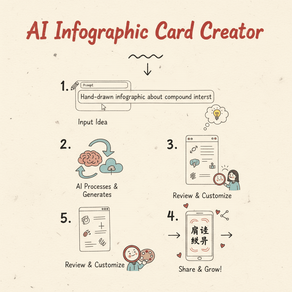이 AI 도구를 사용하여 손으로 그린 인포그래픽 카드를 만드는 사용 단계로, 친근한 디자인과 명확한 안내가 포함되어 있습니다.