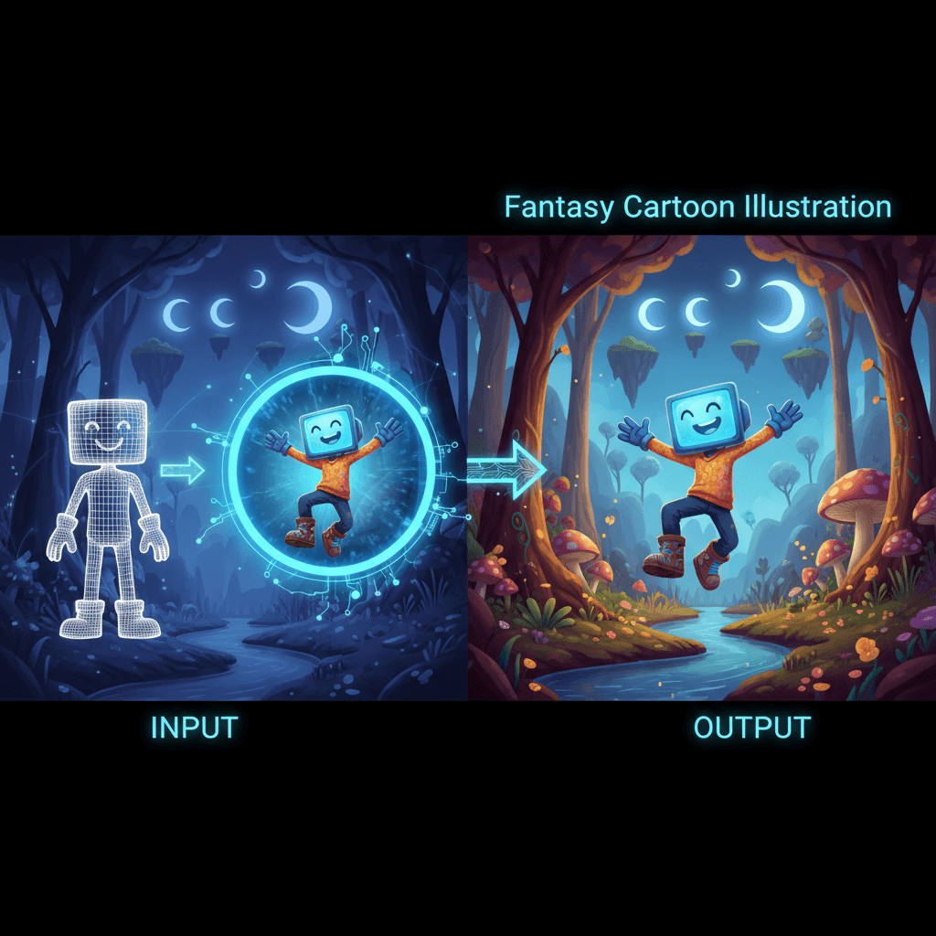 Ilustración de Cartoon de Fantasía: Un personaje alegre con cabeza de monitor salta a través de un portal brillante en un vibrante bosque de fantas…