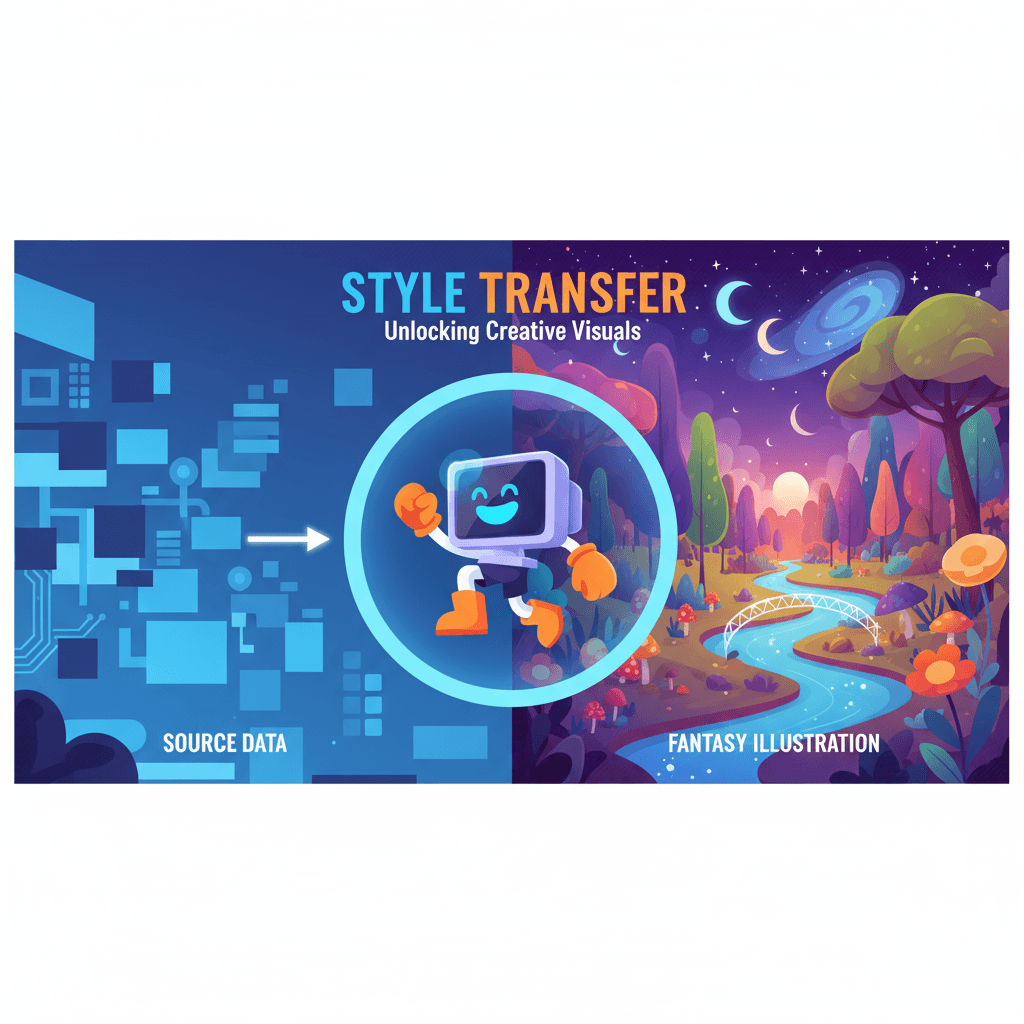 Personaje de caricatura con cabeza de monitor de computadora salta a través de un portal brillante en un vibrante bosque de fantasía. Transferencia…