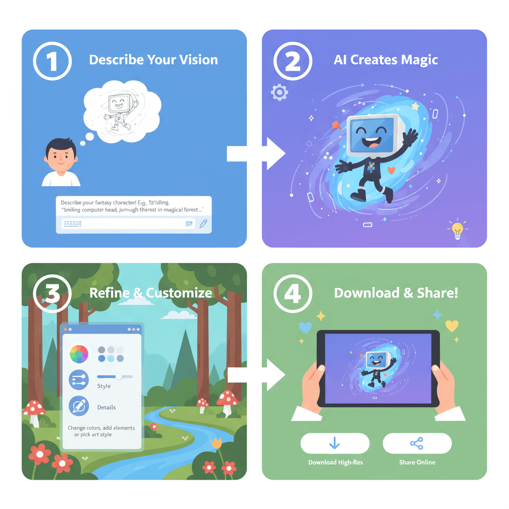 Pasos de uso para una herramienta de IA: Un personaje alegre salta a través de un portal brillante en un vibrante bosque de fantasía.