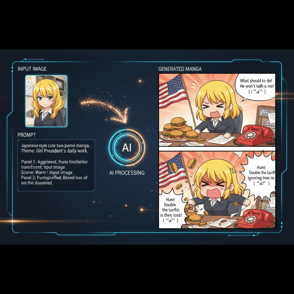 Manga de dos paneles al estilo japonés (La presidenta niña se calienta): cómic generado por IA que representa las frustraciones laborales de una pr…