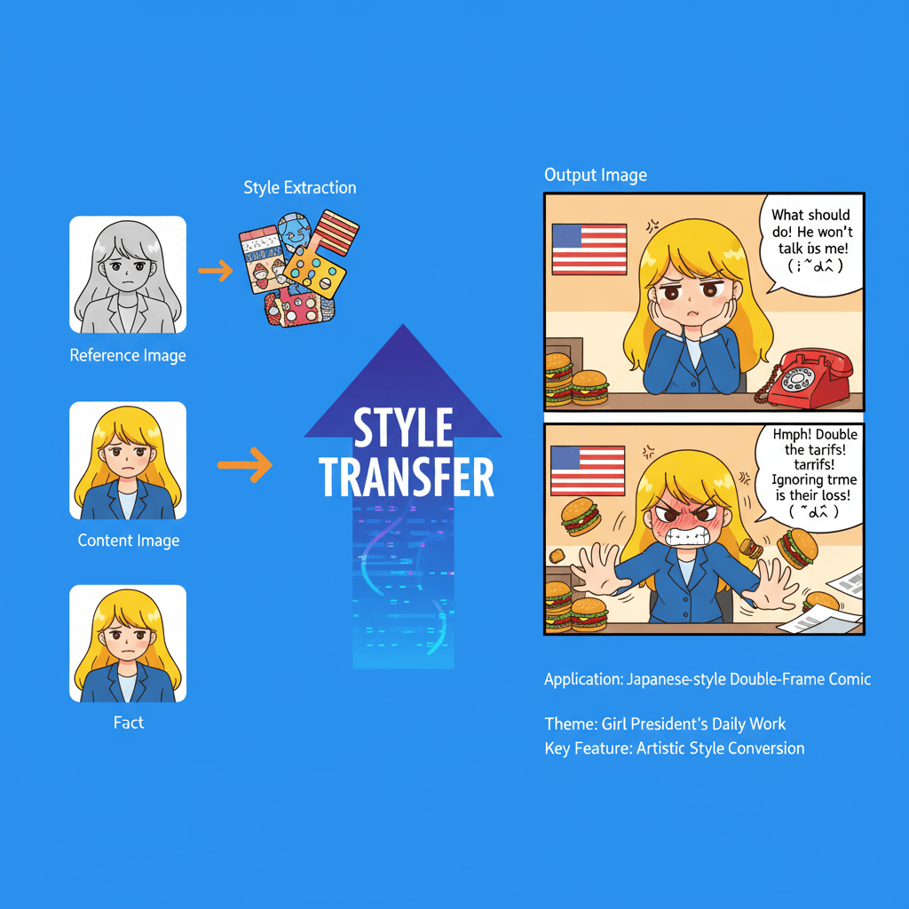 "Ilustración de manga de dos paneles de una linda presidenta niña en una oficina cálida, expresando frustración y enojo por los desafíos laborales.…