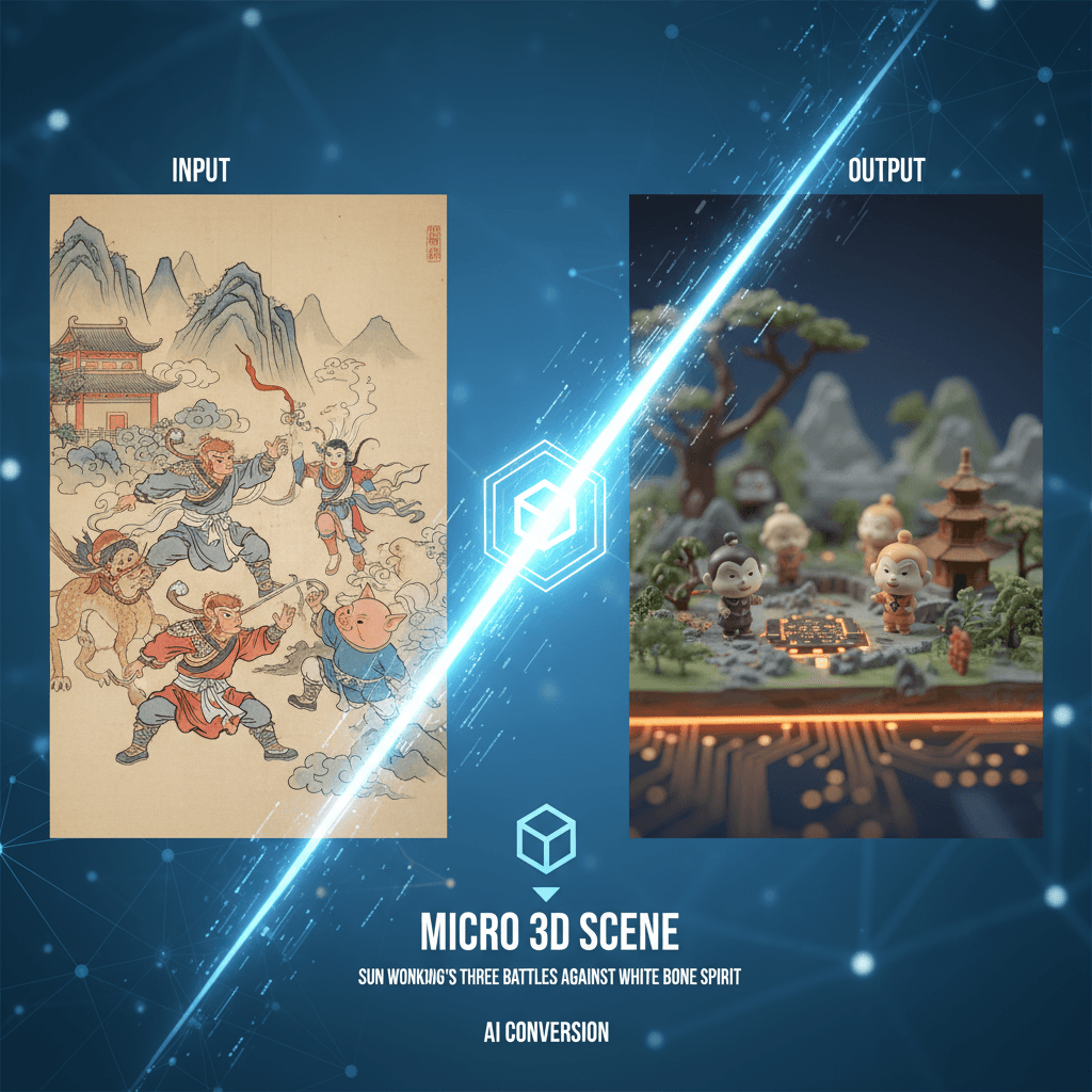 Diorama en miniatura (Sun Wukong vs. Espíritu de Hueso Blanco): escena 3D con fotografía tilt-shift, generación de IA para contar historias vívidas.