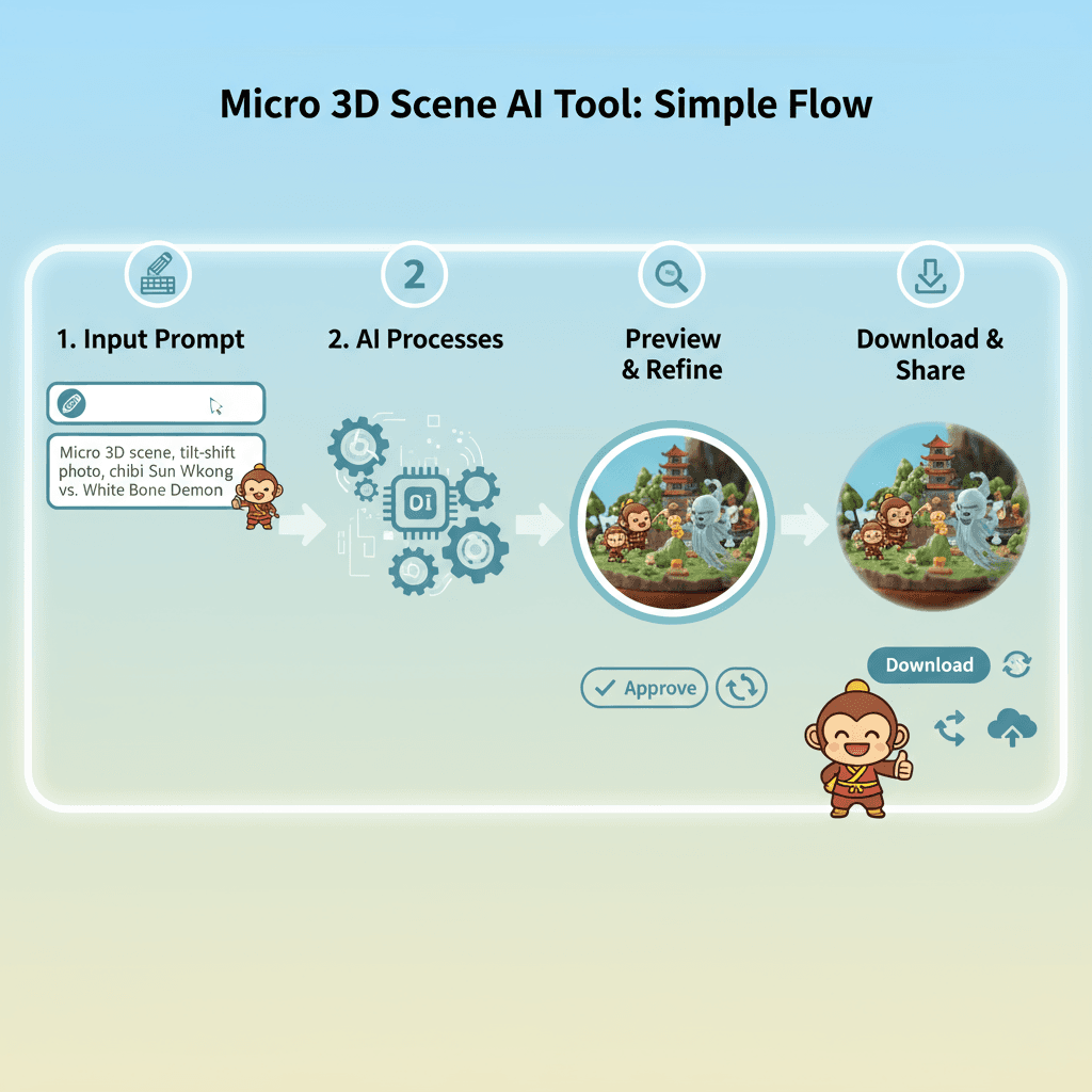 Pasos de uso para crear una escena de Diorama en miniatura utilizando una herramienta de IA, mostrando a Sun Wukong vs. Espíritu de Hueso Blanco co…