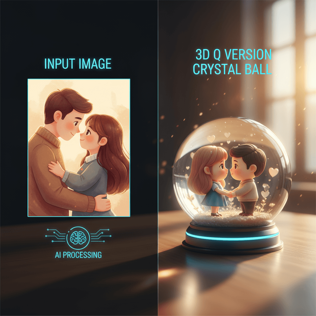 3D Chibi Paar Kristallkugel: KI-Generierung verwandelt Charaktere in eine liebevolle Kristallkugel-Szene mit warmem Sonnenlicht und Funken.