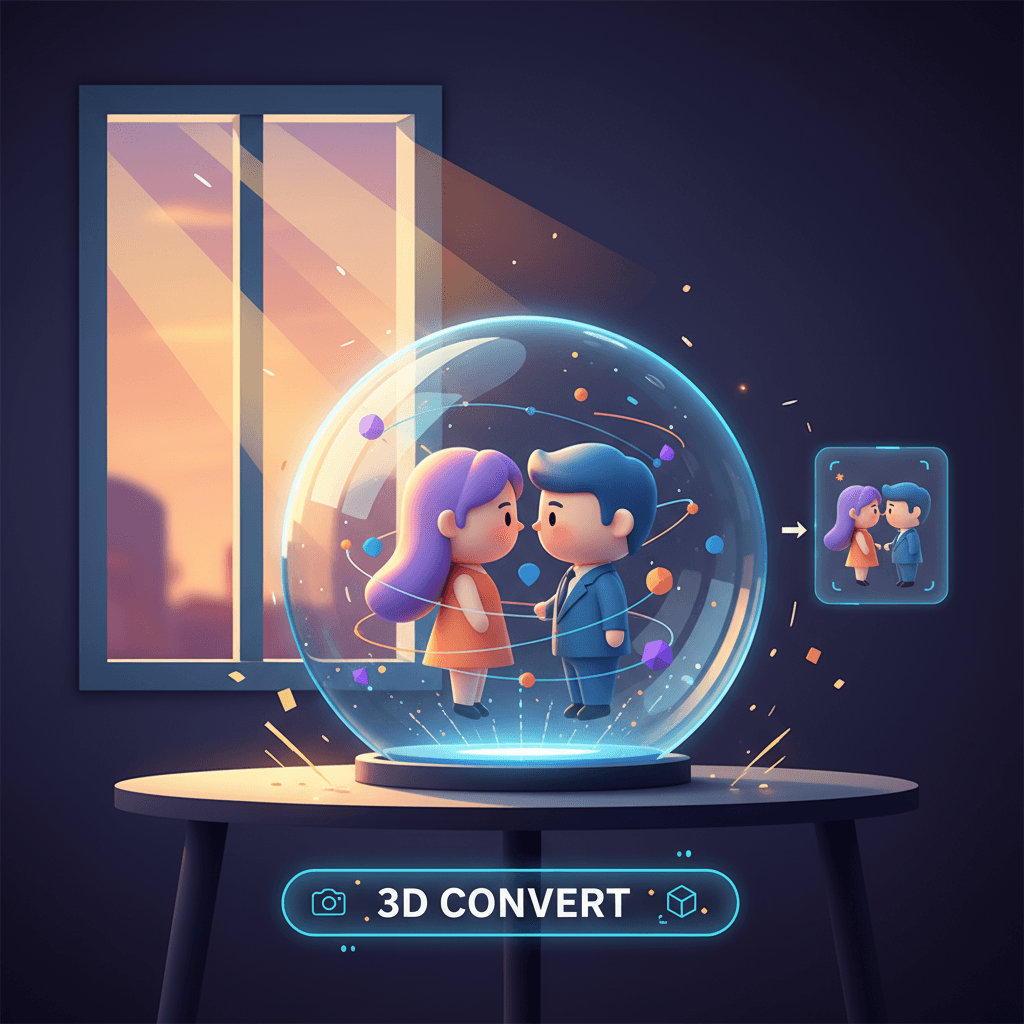 3D Chibi Paar in einer Kristallkugel, leuchtend im Sonnenlicht und goldenen Funken, die Liebe in einem warmen, verschwommenen Hintergrund zeigen. K…