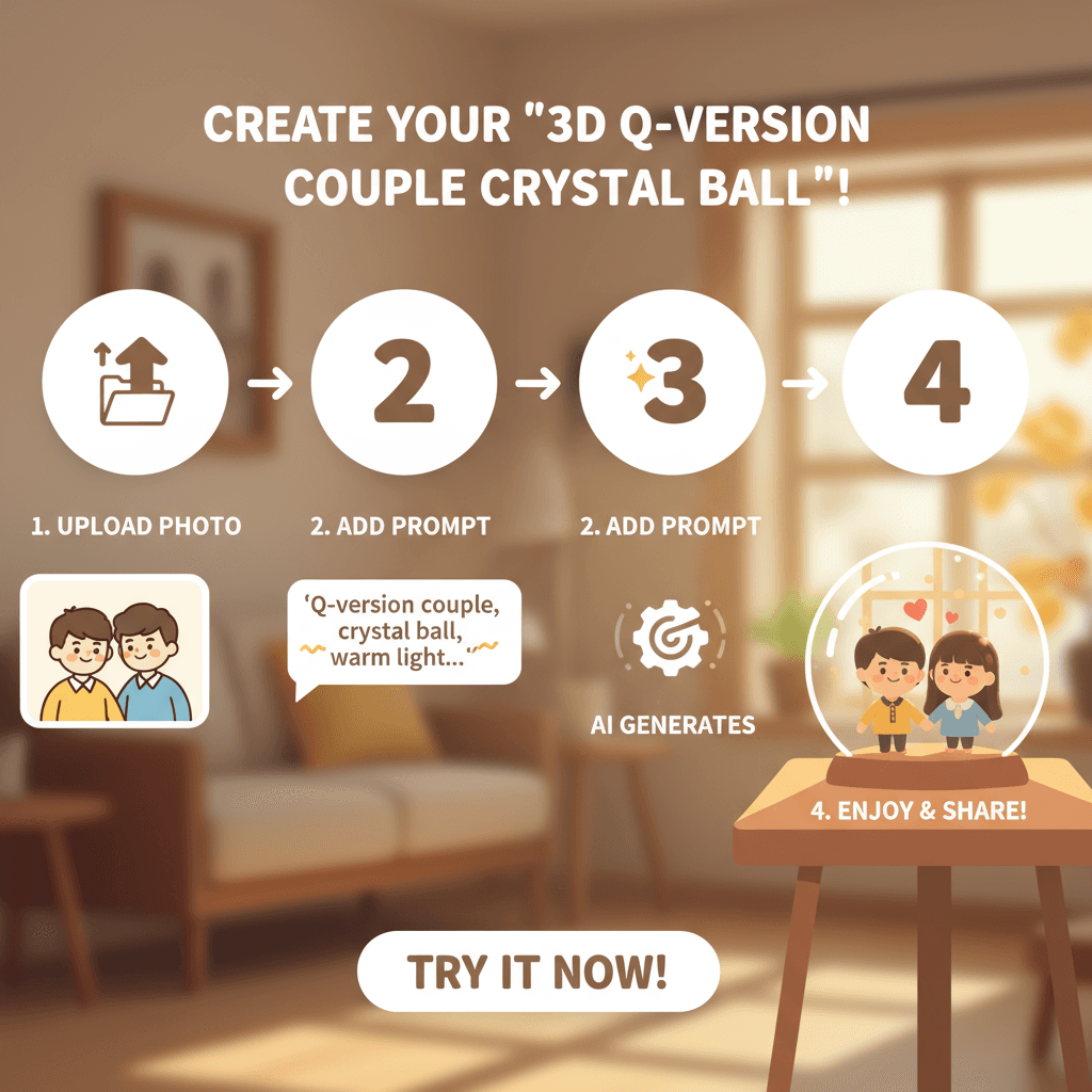 "Nutzungsanleitung für das KI-Tool: Erstellen Sie ein 3D Chibi Paar in einer Kristallkugel-Szene, die Liebe und Wärme mühelos zeigt."