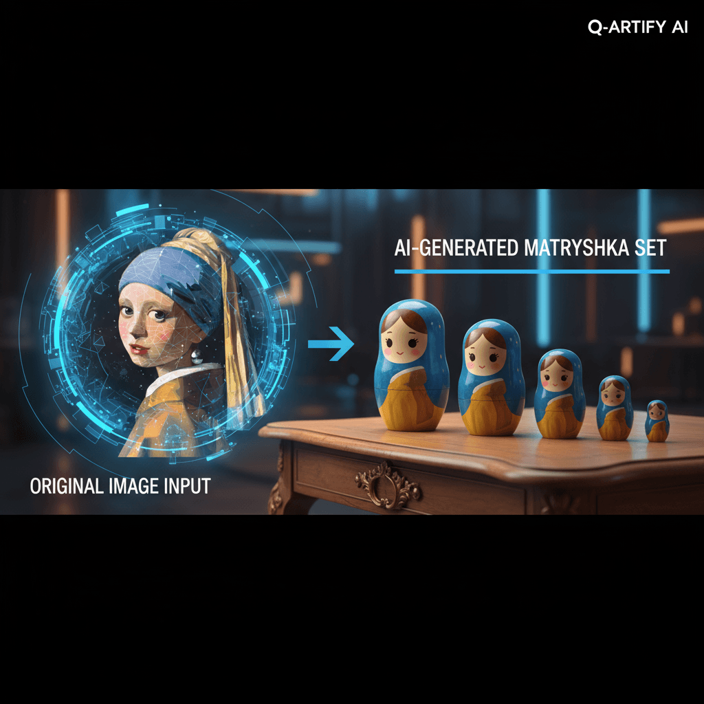 치비 러시아 인형 도구는 "진주 귀걸이를 한 소녀"를 AI 생성을 통해 5개의 치비 스타일 인형으로 변환합니다.