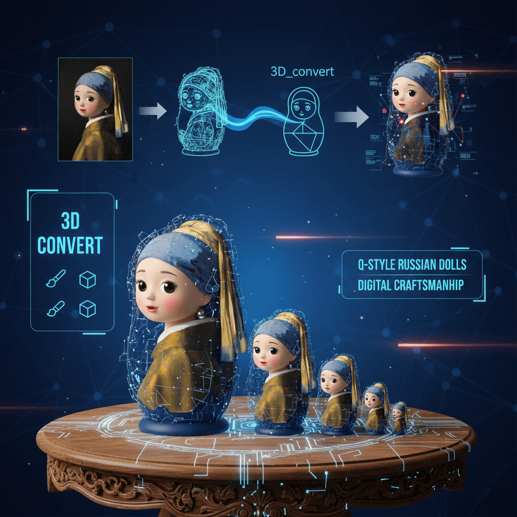 나무 테이블 위에 놓인 "진주 귀걸이를 한 소녀"에서 영감을 받은 치비 러시아 인형, AI의 3D 예술성을 보여줍니다.