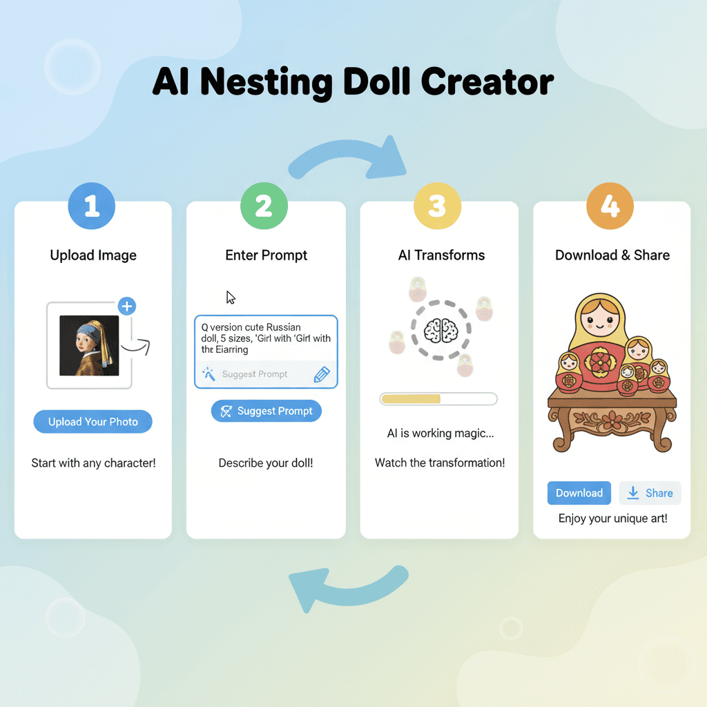 AI 도구를 사용하여 이미지를 치비 러시아 인형으로 변환하는 사용 단계가 우아한 나무 테이블 위에 표시됩니다.
