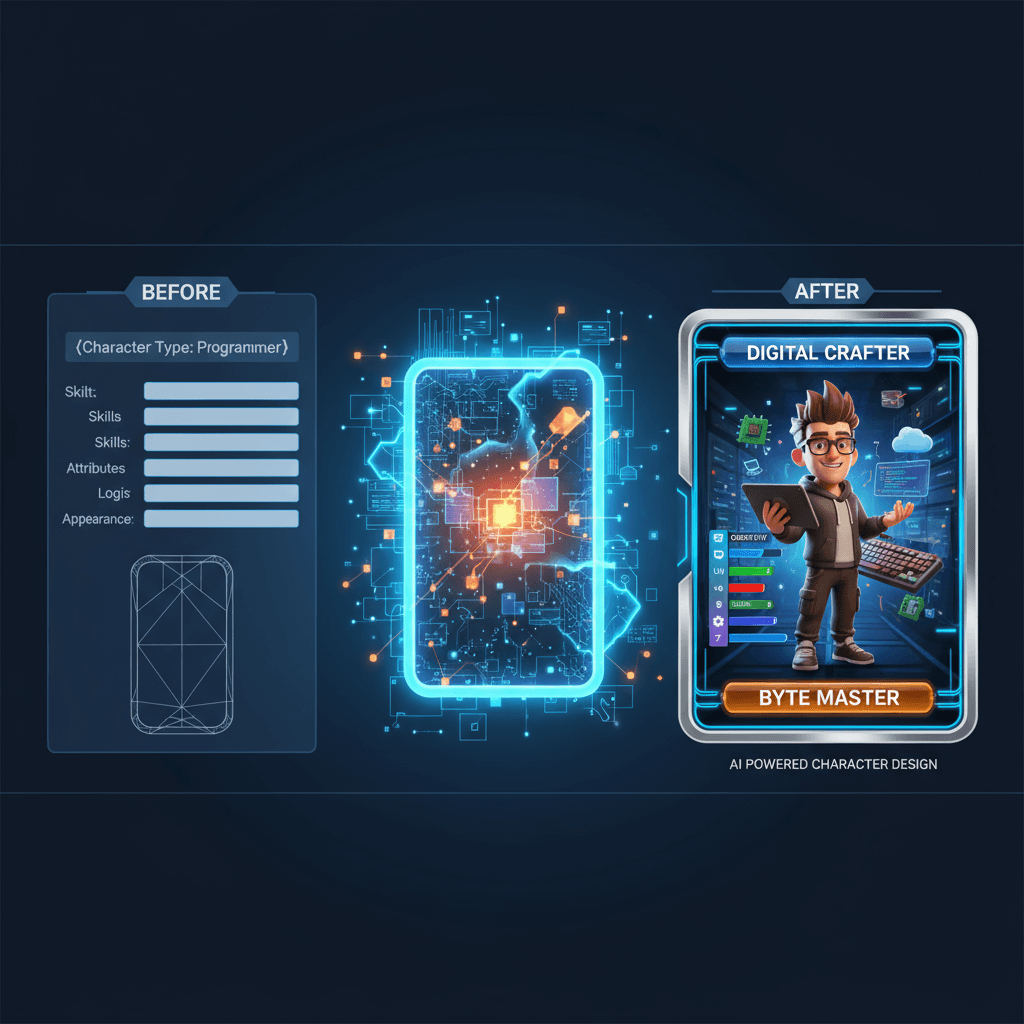 Carte de personnage de style RPG : programmeur cartoon 3D généré par IA avec outils, statistiques de compétences et un design collectible propre.