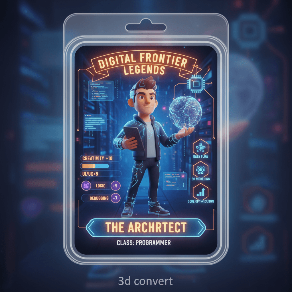 Carte de personnage RPG 3D d'un programmeur avec des outils, des barres de compétences et des couleurs chaudes, mettant en valeur les applications…