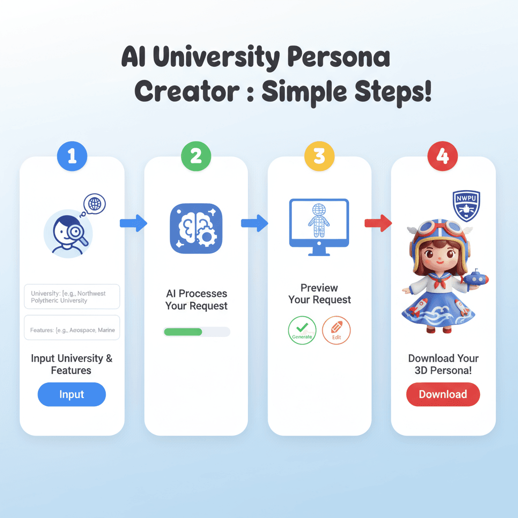 Étapes d'utilisation pour un outil AI afin de créer un personnage universitaire de style chibi en 3D incarnant l'aérospatiale, l'aviation et l'ingé…