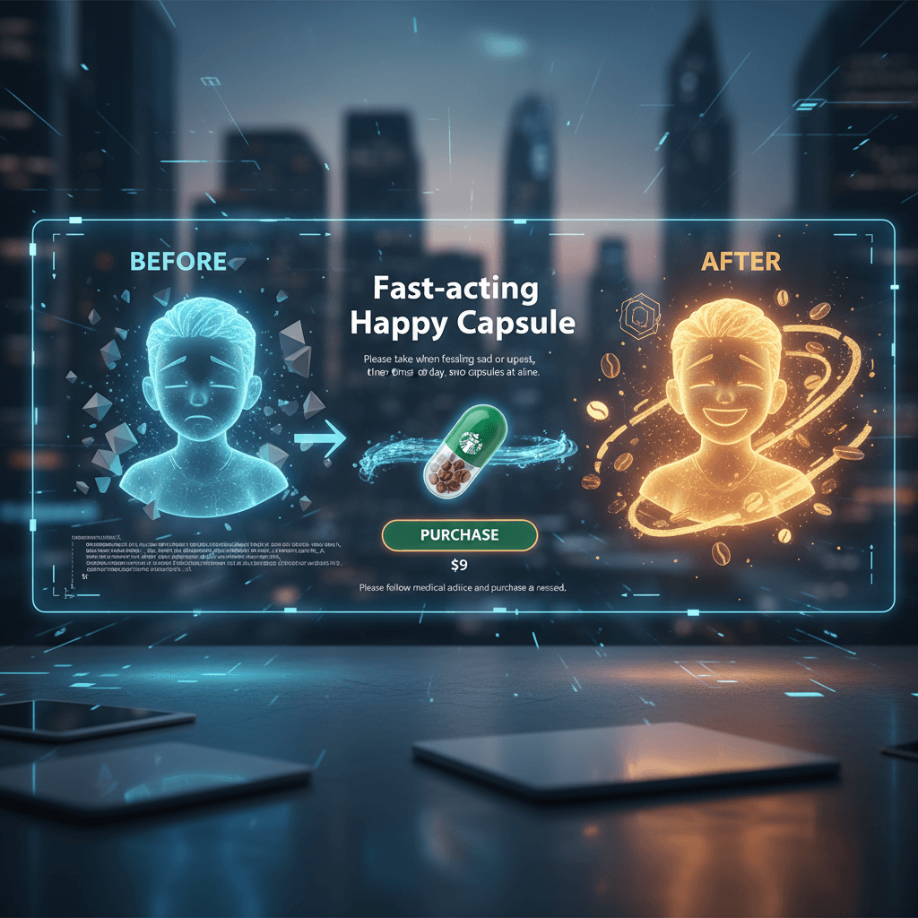 Cápsula Feliz de Acción Rápida de Starbucks: pastilla verde y transparente llena de granos de café. Herramienta de generación de IA para mejorar el…