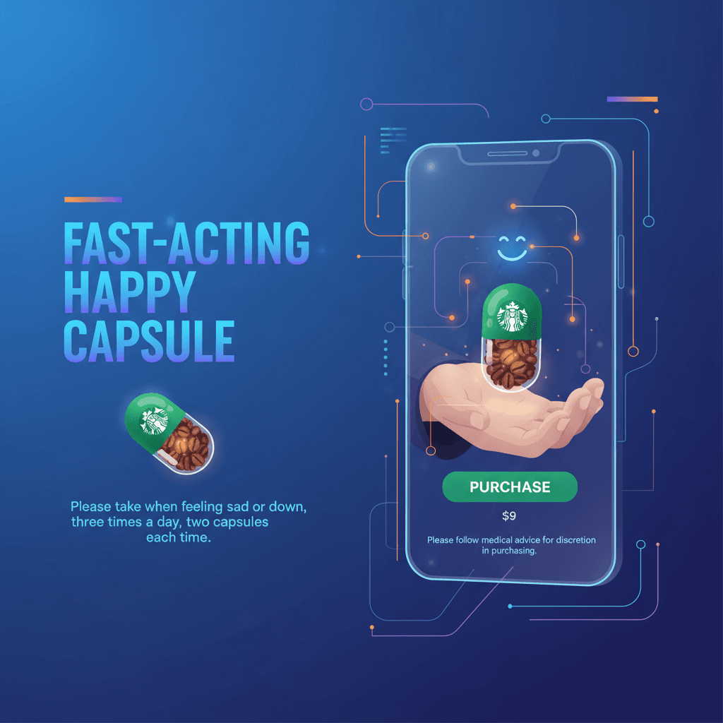 Ilustración artística de "Creación de Cápsulas Felices" para una aplicación de AR, mostrando una pastilla llena de granos de café para mejorar el e…
