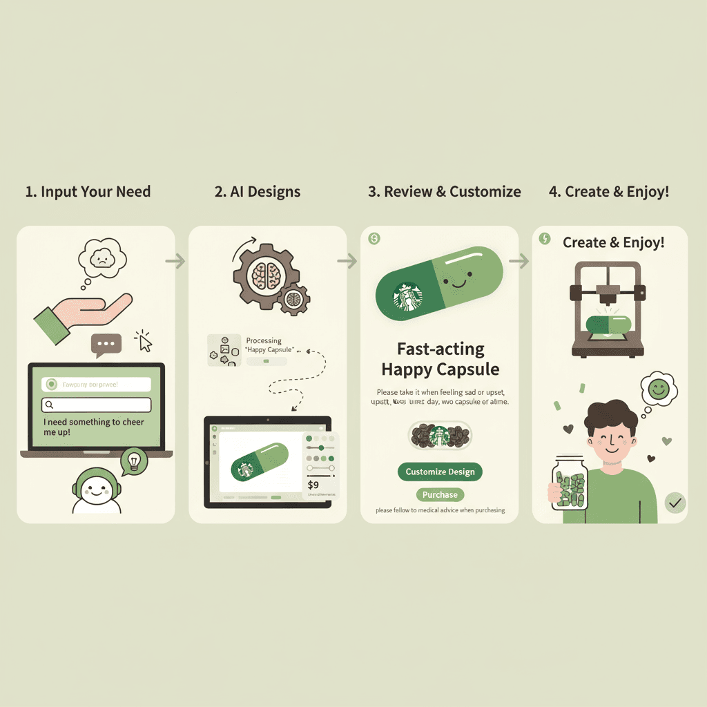 Pasos de uso para la herramienta de IA: Cápsula Feliz de Acción Rápida—fácil, tres veces al día, dos cápsulas. Compra por $9, sigue el consejo médico.