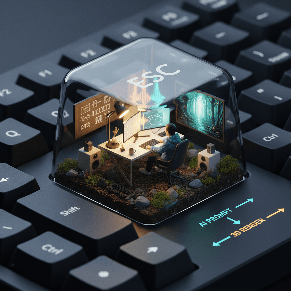 Rendu 3D ultra-réaliste d'un diorama miniature dans une touche ESC, mettant en valeur des détails et des textures d'espace de travail générés par IA.