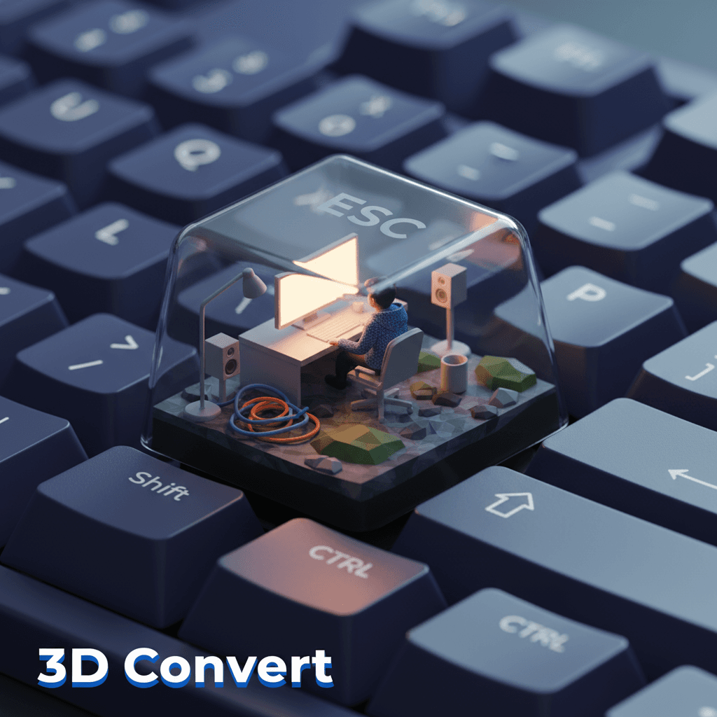 Rendu 3D ultra-réaliste d'un espace de travail miniature à l'intérieur d'une touche ESC, mettant en valeur des détails et un éclairage complexes. A…