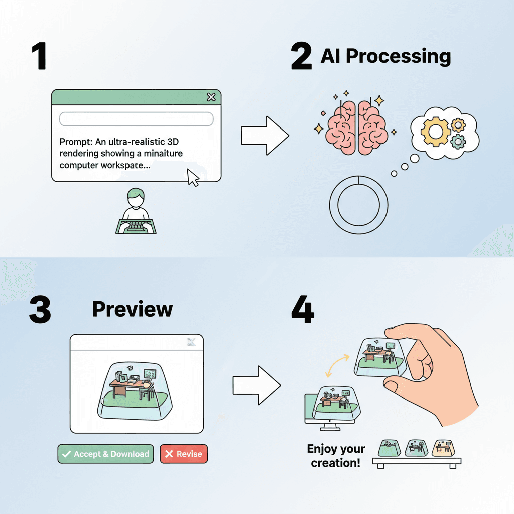 Étapes d'utilisation d'un outil IA : Explorez un diorama ultra-réaliste à l'intérieur d'une touche ESC de clavier, mettant en valeur un espace de t…