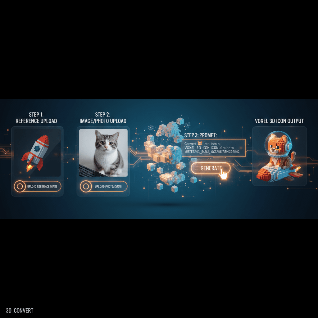 Outil de conversion d'icônes 3D de style voxel : génération IA d'icônes 3D voxel en 3 étapes à l'aide d'images de référence et cibles.