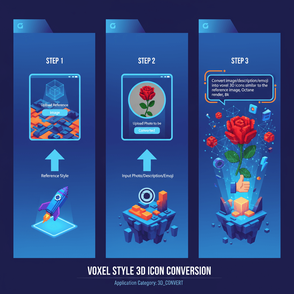 Texte alternatif : "Outil de conversion d'icônes 3D de style voxel : Téléchargez des images pour une transformation alimentée par l'IA en icônes 3D…