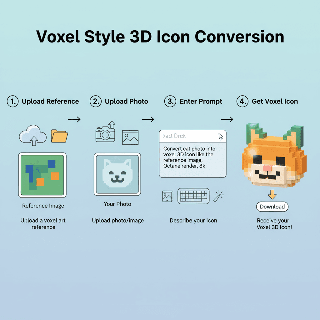 Étapes d'utilisation pour un outil IA : Téléchargez une image de référence, puis votre photo, et convertissez-la facilement en une icône 3D de styl…